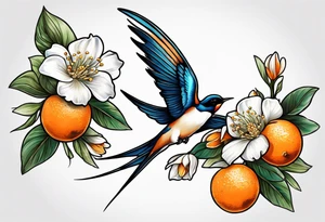 swallow leaving on an orange blossom branch with its wings up tattoo idea