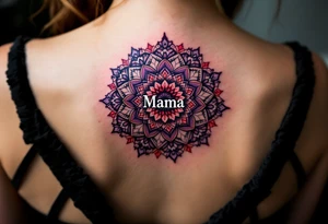 A vibrant mandala in reds and purples surrounding the small word “Mama” in white ink in between of shoulder blades. tattoo idea