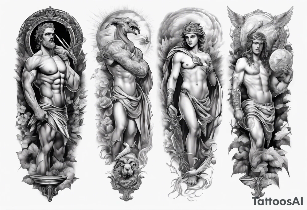 GREEK MYTHOLOGY ARM SLEEVE 
REALISTIC tattoo idea