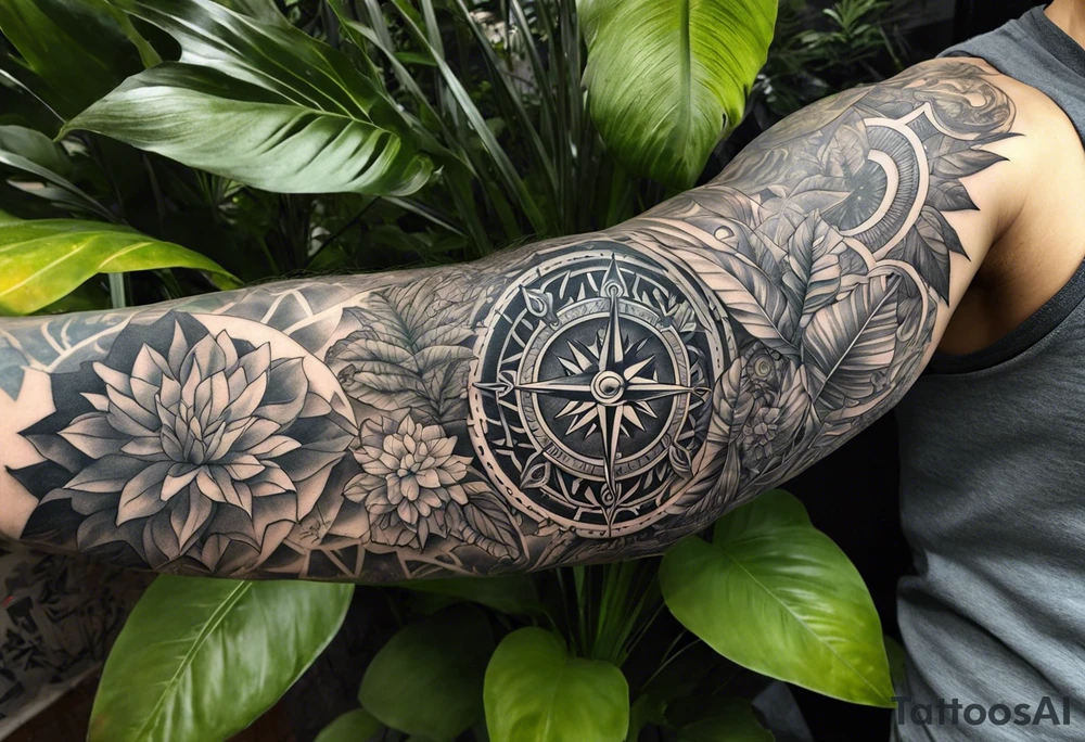 full arm sleeve tattoo with Viking compass and all-seeing eye surrounded by jungle plants tattoo idea