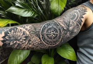full arm sleeve tattoo with Viking compass and all-seeing eye surrounded by jungle plants tattoo idea