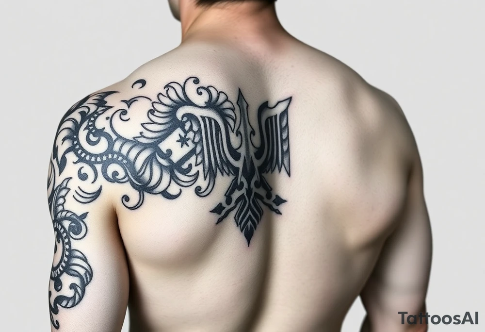 tattoo that starts on the left side of the neck, goes down the left arm to the hand, and also through the left part of the chest, stomach to the right thigh and further to the foot.
The pattern is not continuous, something like a dense web or fibers with woven Ukrainian and military symbols.
On the muscles (biceps, biceps, abs, etc.) the pattern should visually emphasize the structure of the muscles tattoo idea