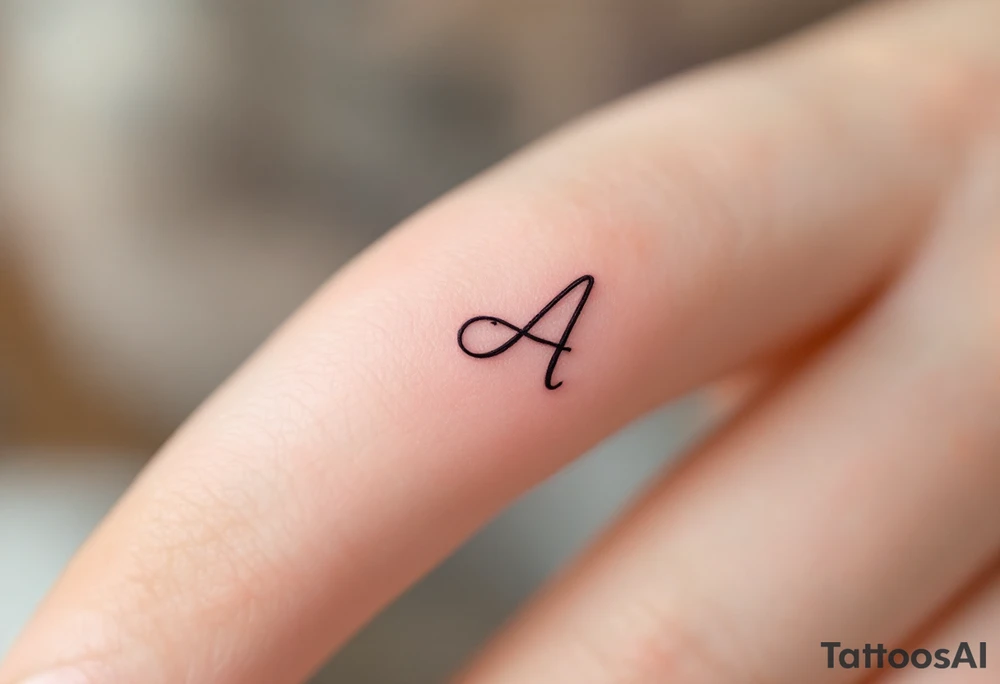 A minimalist outline "A" in soft gray with a blush pink inner fill on a finger. tattoo idea