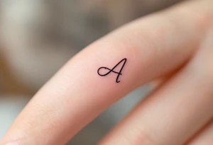 A minimalist outline "A" in soft gray with a blush pink inner fill on a finger. tattoo idea