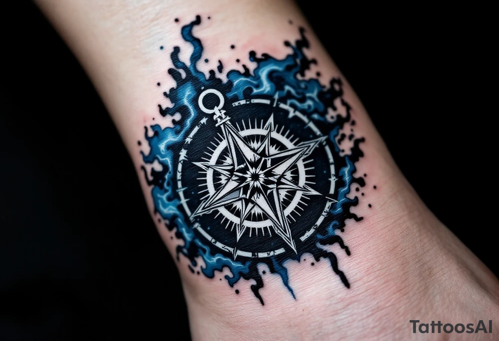 A white runic compass (Vegvísir) inked with fine black details and surrounded by stormy blue mist. tattoo idea