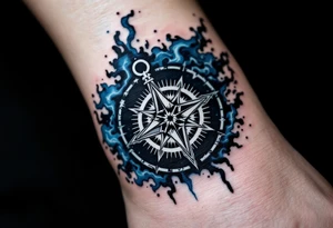 A white runic compass (Vegvísir) inked with fine black details and surrounded by stormy blue mist. tattoo idea
