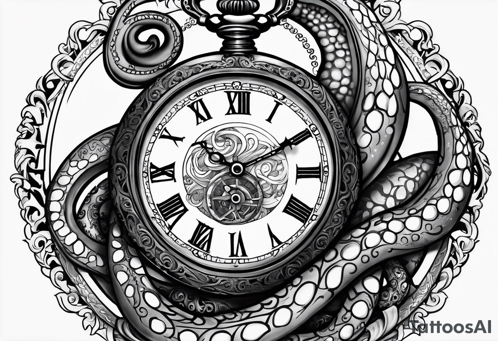 pocket watch being wrapped by an octopus tattoo idea