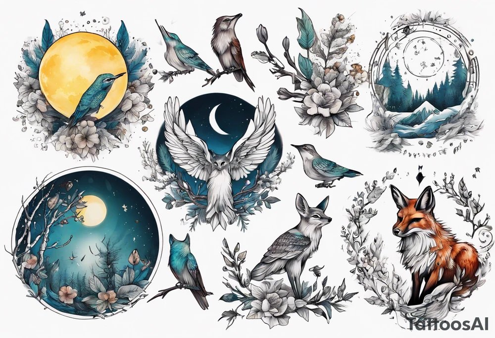wasser, sonne, mond, fuchs, eule kolibri, wald, hirsch, blume des lebens, 
baum, berlin tattoo idea