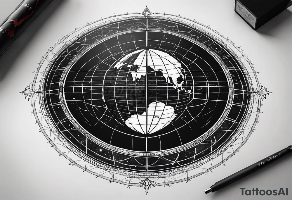 the earth on a flat map with light fading shading placed on a grid with only the lines with accurate depictions of the borders in countries while having it in an oval/circular position on a grid without any borders on the sides tattoo idea