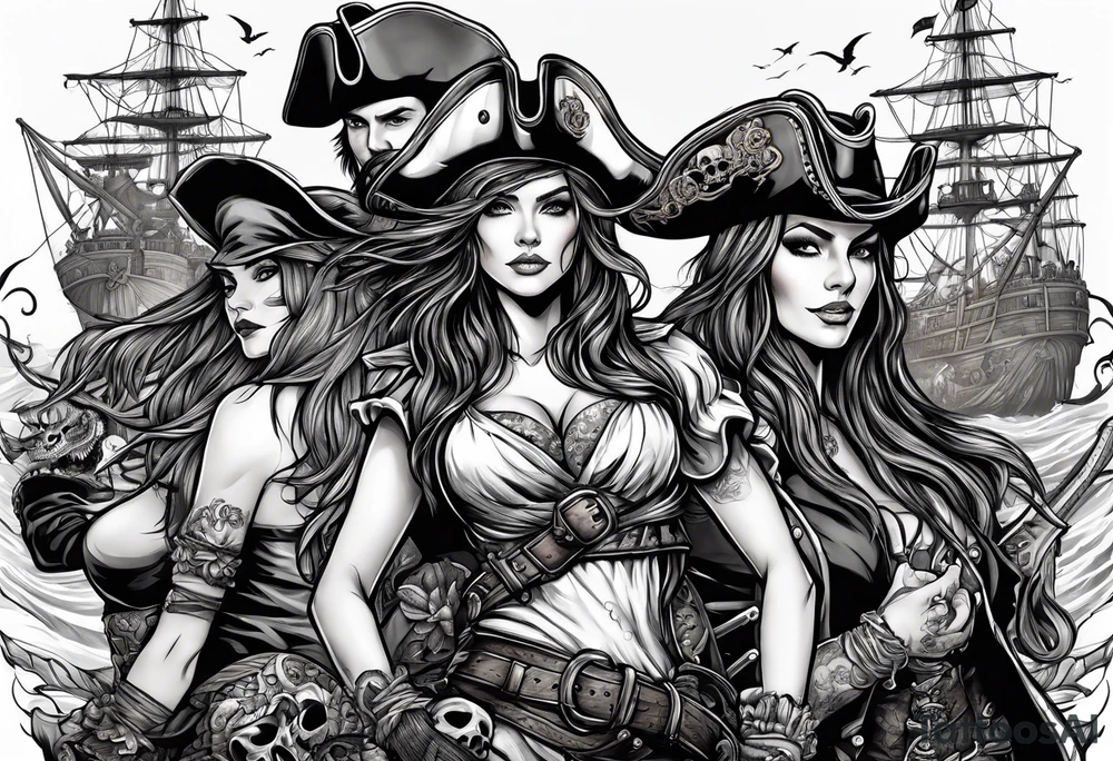 sexy female pirates with a group of skull pirates and a sea monster tattoo idea