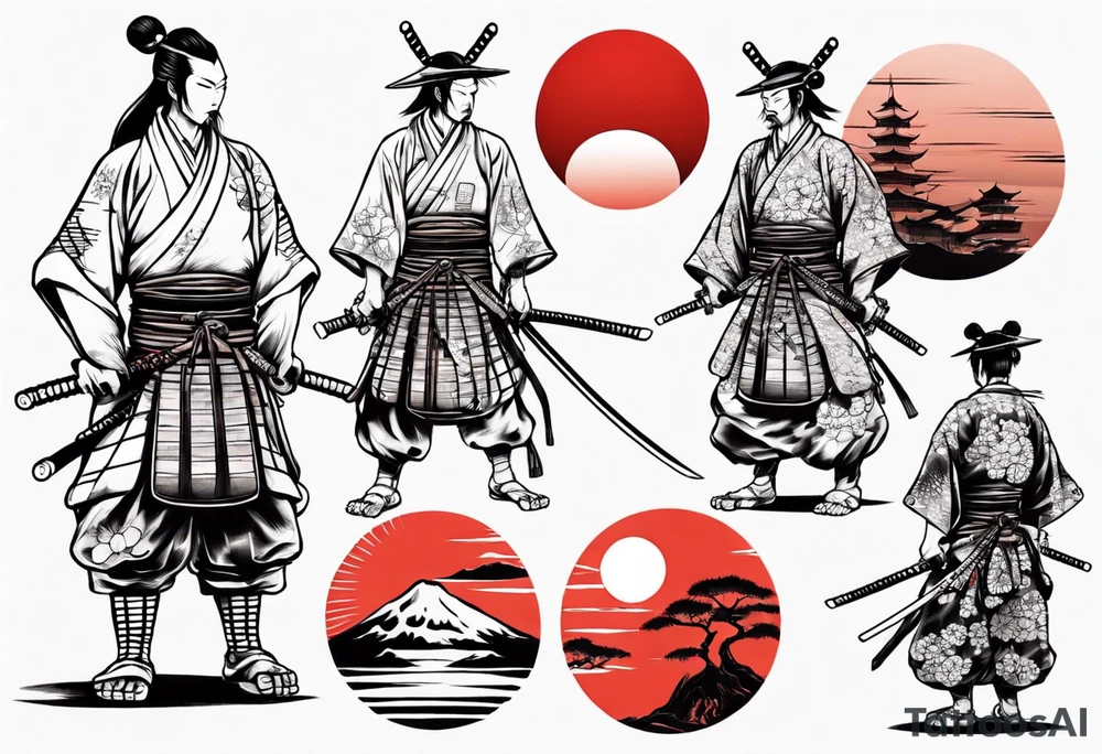 Samurai standing under red sun tattoo idea