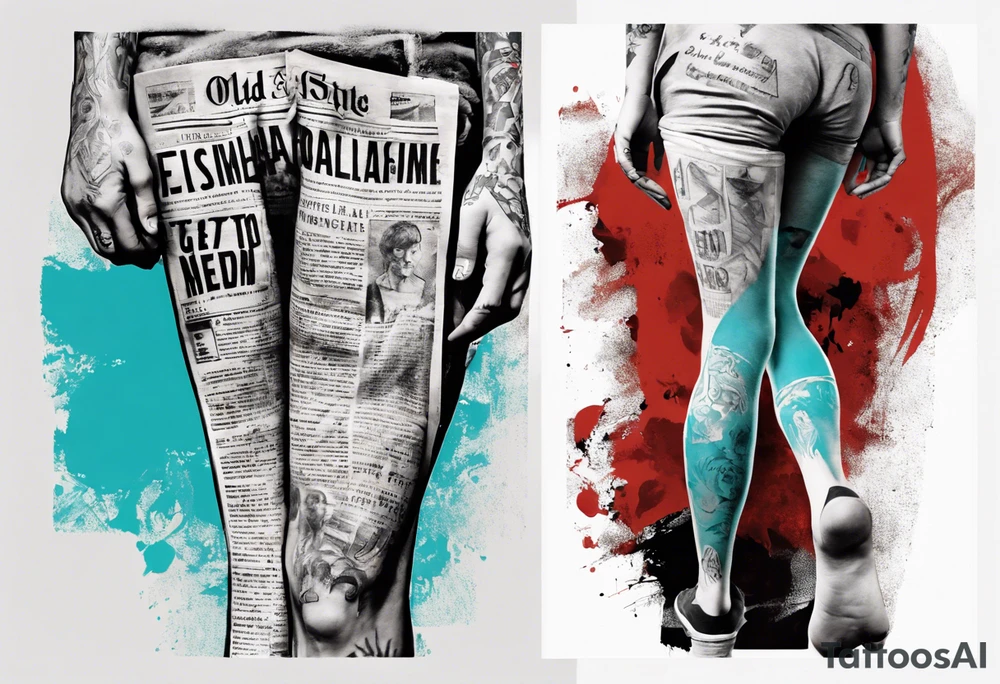 an art showing a newspaper on the leg and shoulder, old ritual, in the style of abstract portraits, textured pigment planes, red and cyan, stencil art, gothic romanticism, full white background, include seed tattoo idea