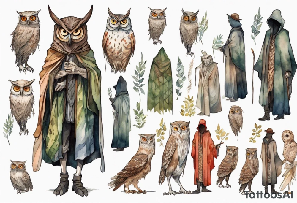 a tall thin man in a  medeival cloak wearing an owl mask walking in a forest tattoo idea