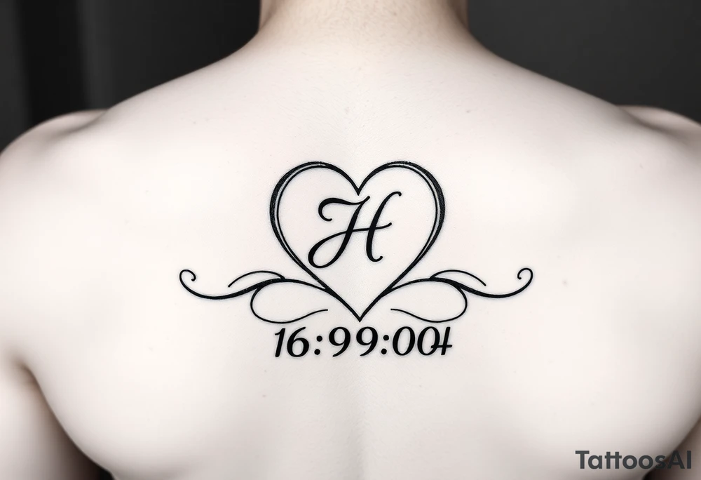 06/09/04 under the date is a heart inside the heart is a letter H in cursive on the lower back waist tattoo idea