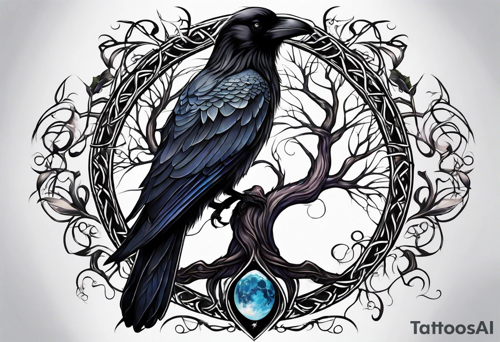 world tree with a raven and urnes style knotwork sleeve tattoo tattoo idea