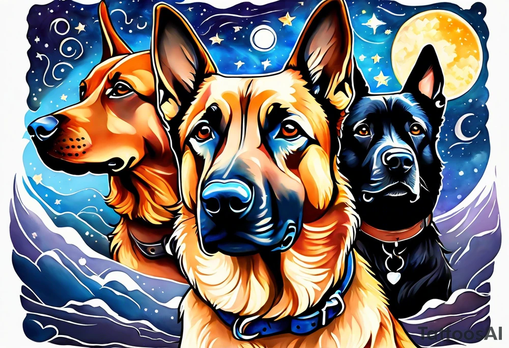 A person and 3 dogs looking up at space tattoo idea