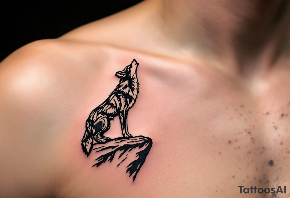 A stylized coyote in sand and charcoal tones, standing on a cliff edge howling at dusk. tattoo idea