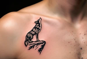A stylized coyote in sand and charcoal tones, standing on a cliff edge howling at dusk. tattoo idea