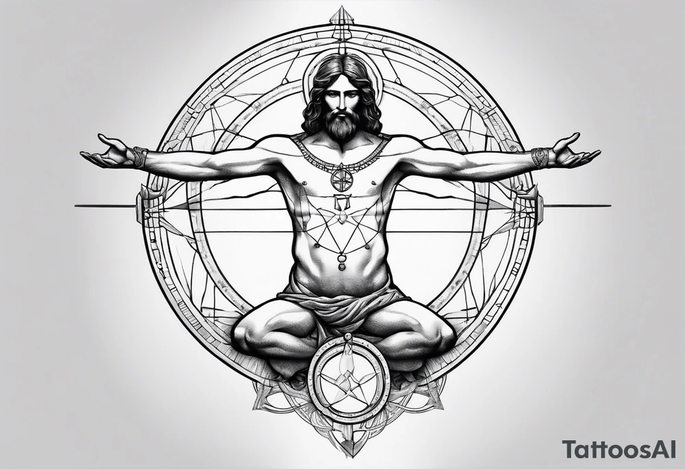 vitruvian man with hands connecting to dog hand tattoo idea