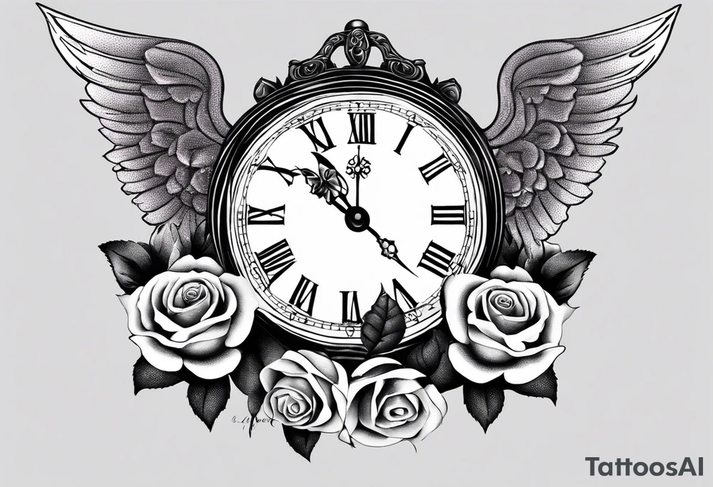 angel, roses, clock, name MARTINA tattoo idea