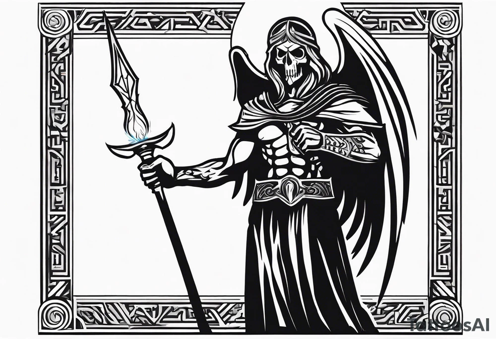 Thanatos, the greek god of death, holding a sword and a torch tattoo idea