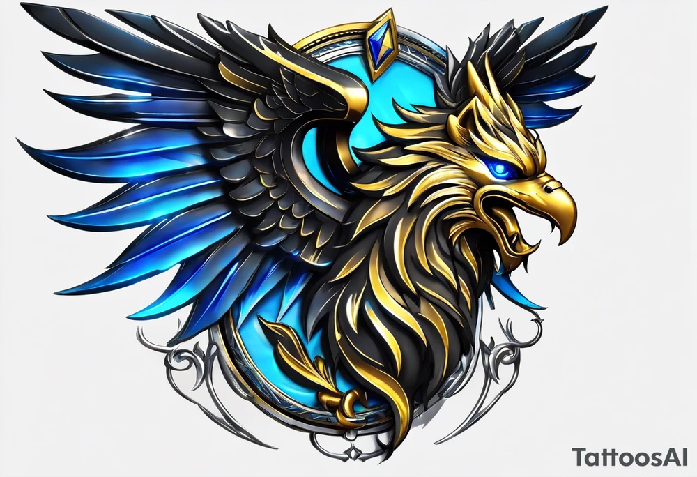 black cyber matallic griffin with golden and silver accents and blue neon tattoo idea