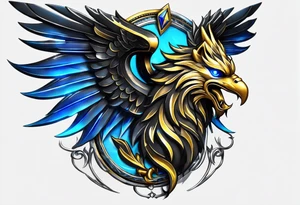 black cyber matallic griffin with golden and silver accents and blue neon tattoo idea