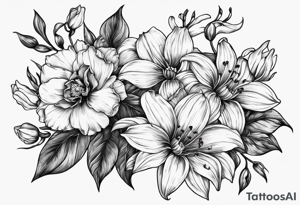 Two roses, two daisies, one daffodil, one chrysanthemum, one gladiolus, one lily of the valley tattoo idea