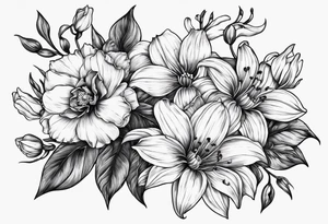 Two roses, two daisies, one daffodil, one chrysanthemum, one gladiolus, one lily of the valley tattoo idea