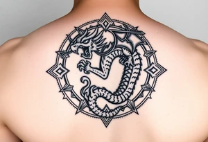 Dragon eating tail surrounded by geometric patterns tattoo idea