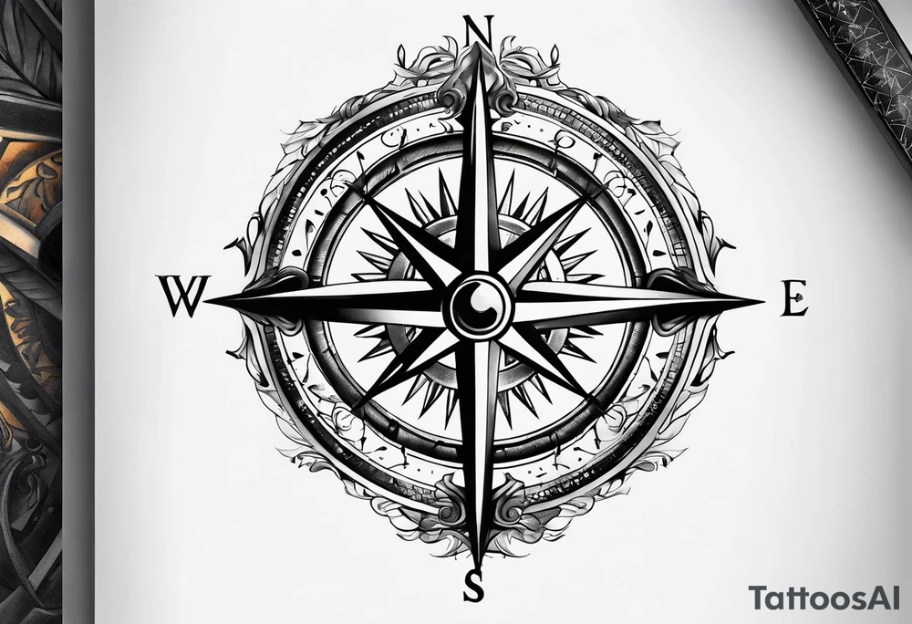 A black and white detailed compass tattoo idea