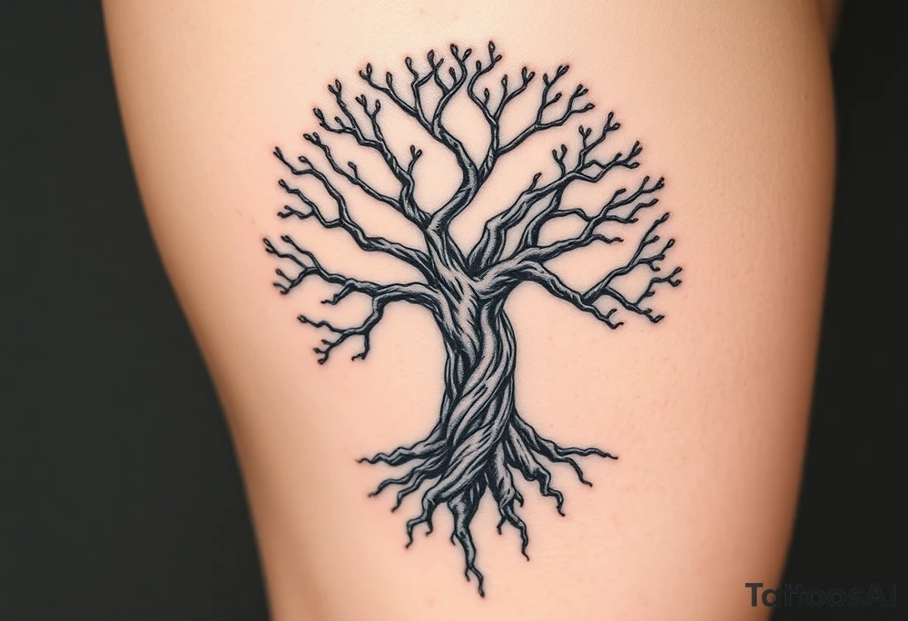 Knotty rugged tree of life on female whole leg tattoo idea