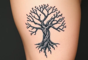 Knotty rugged tree of life on female whole leg tattoo idea