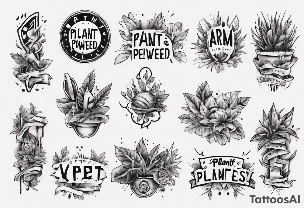 Arm band tattoo spelling ‘Plant Powered’ with plants tattoo idea