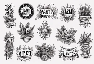 Arm band tattoo spelling ‘Plant Powered’ with plants tattoo idea