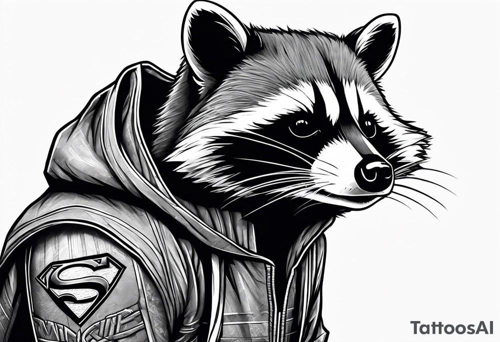 raccoon wearing a Superman hoodie tattoo idea