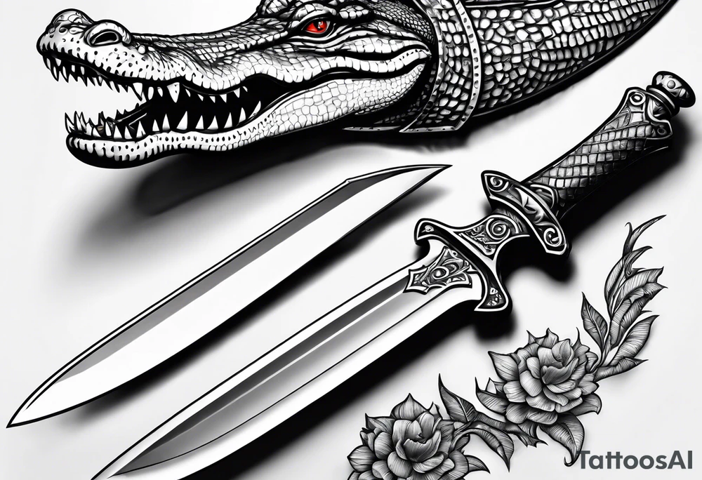 Dagger made out of an alligator with a woman on the blade tattoo idea