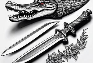 Dagger made out of an alligator with a woman on the blade tattoo idea