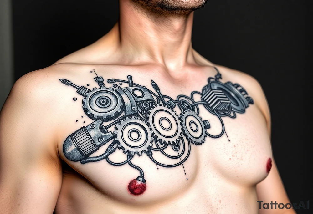 This biomechanical tattoo design creates the illusion of mechanical parts under the skin. It features gears, pistons, and wires, giving the arm a cybernetic look. Realistic shading enhances the fusion of flesh and machine tattoo idea