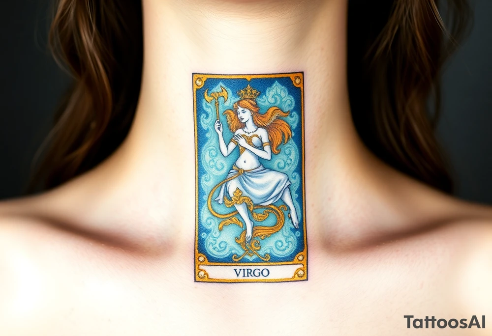 A tarot card featuring the Virgo symbol, with intricate gold detailing and a rich deep blue background tattoo idea