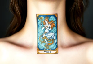 A tarot card featuring the Virgo symbol, with intricate gold detailing and a rich deep blue background tattoo idea