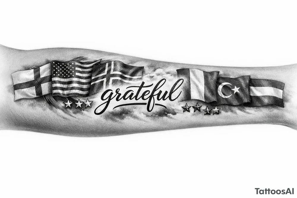 Football related my own journey England USA Iceland Italy Spain Turkey France Hungary flags inside forearm can u put 3 stars under iceland , 2 under turkey and italy no landmarks
And quote in middle “grateful” tattoo idea