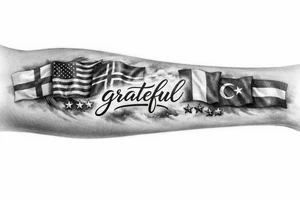 Football related my own journey England USA Iceland Italy Spain Turkey France Hungary flags inside forearm can u put 3 stars under iceland , 2 under turkey and italy no landmarks
And quote in middle “grateful” tattoo idea