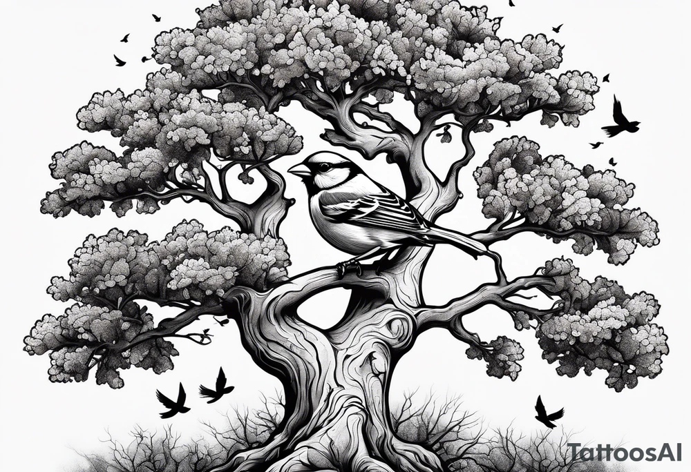 oak tree with finch birds tattoo idea