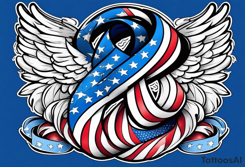 Blue colon cancer ribbon with angel winds and American flag blend in tattoo idea