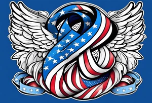 Blue colon cancer ribbon with angel winds and American flag blend in tattoo idea
