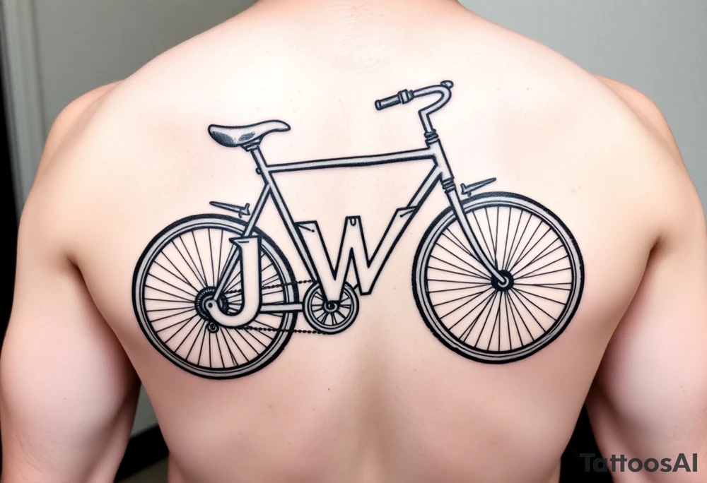 A stylized recumbent bicycle with integrated frame lettering spelling out JWM tattoo idea
