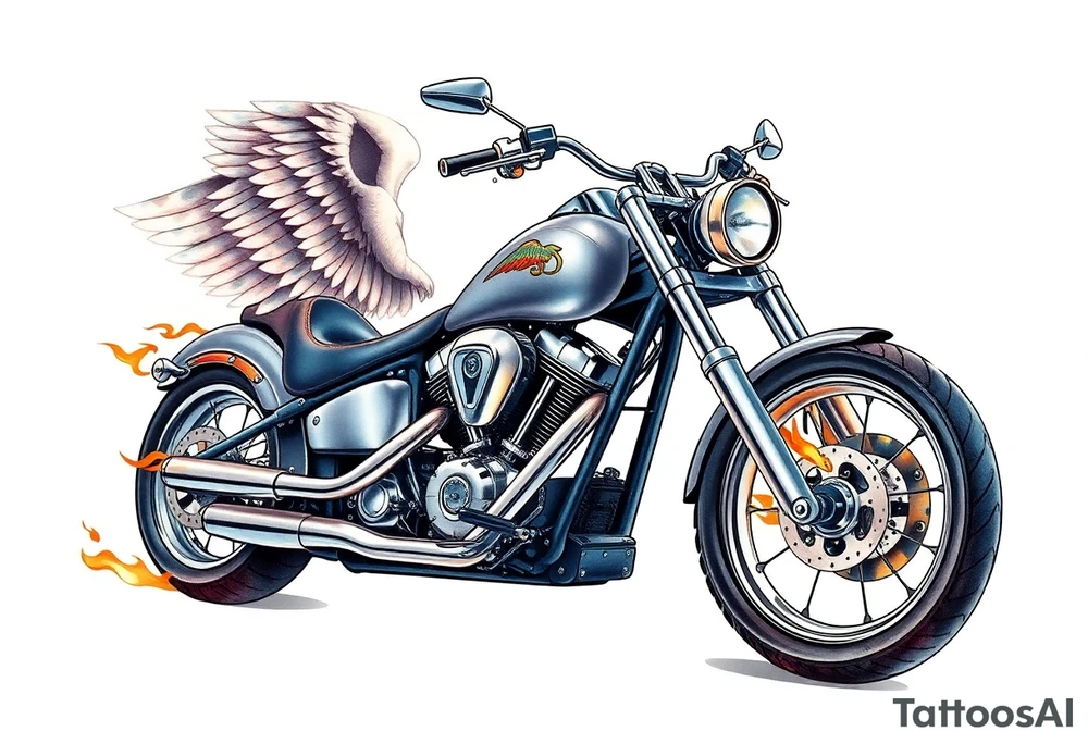Low rider grey motorcycle, big muffler pipes with flames, angel wings, driving away, no person tattoo idea