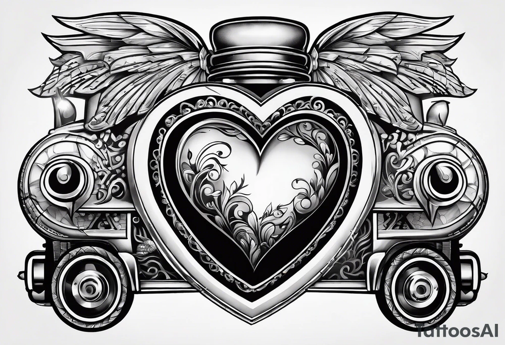 heart with four wheels in it tattoo idea