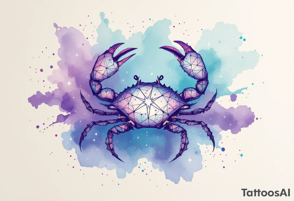 Violet and turquoise watercolor splash behind the Cancer stars constellation, with the crab subtly hidden in the background. tattoo idea